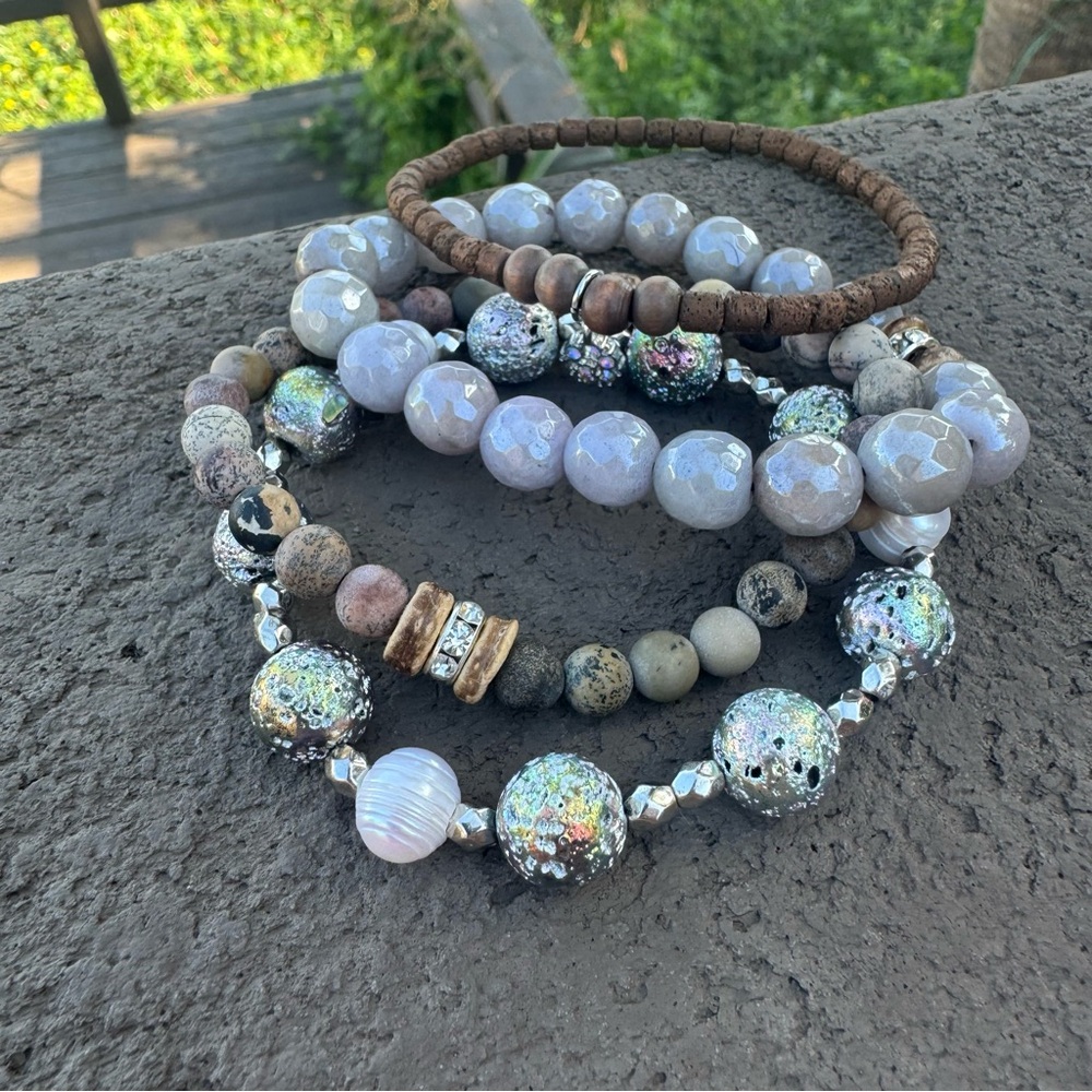 Beaded Bracelet Stack Set in Fall Colors grey brown neutrals Sparkle Accents - Picture 1 of 5